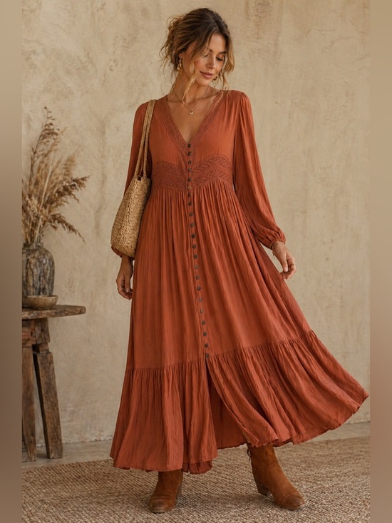 Rusttydustty Dresses & Skirts - Rusttydustty Boho Prairie Maxi Dress Rust Button Front Cottagecore Earthy M